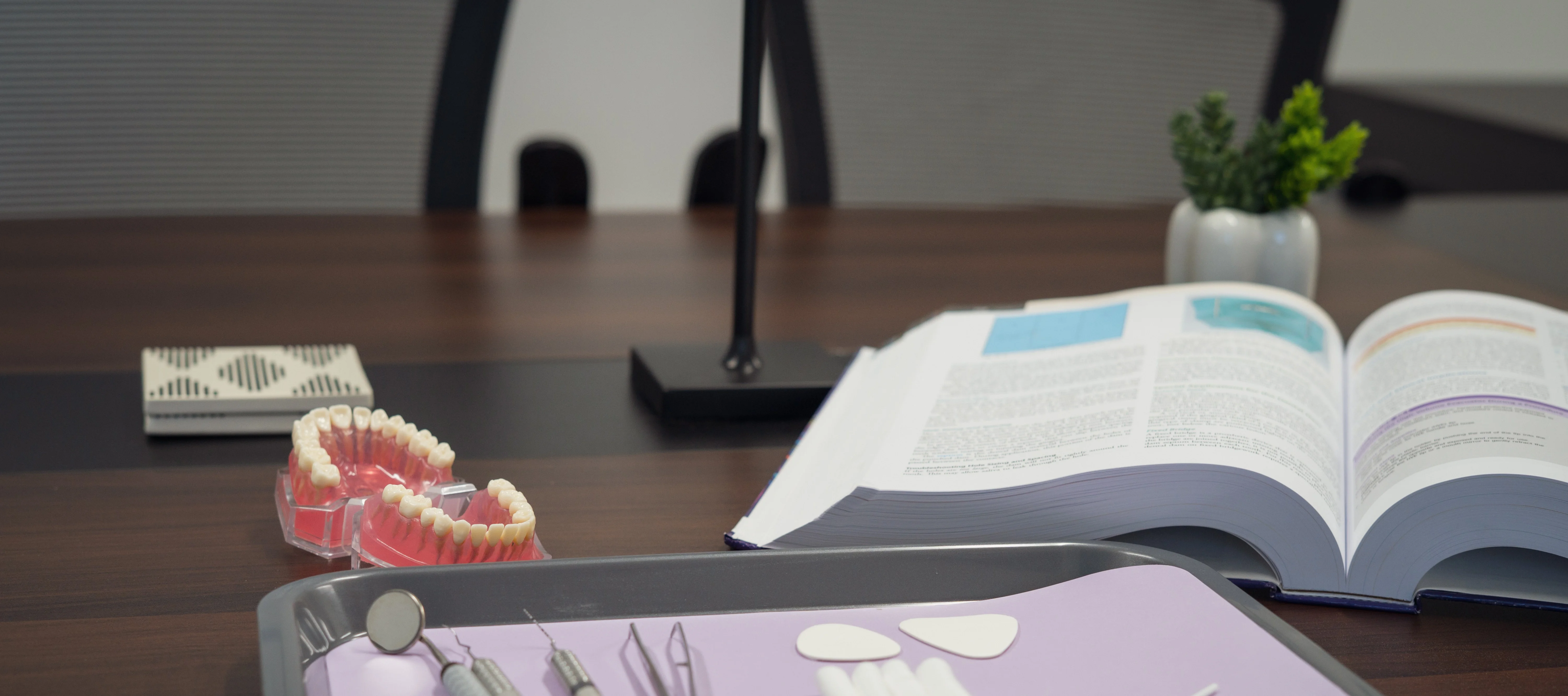 Photo of dental equipment and a book on a table, dentiform, plant, cup holders, light, and chairs in the background